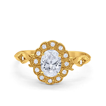 Oval Art Deco Enagement Bridal Ring Yellow Tone, Simulated Cubic Zirconia 925 Sterling Silver